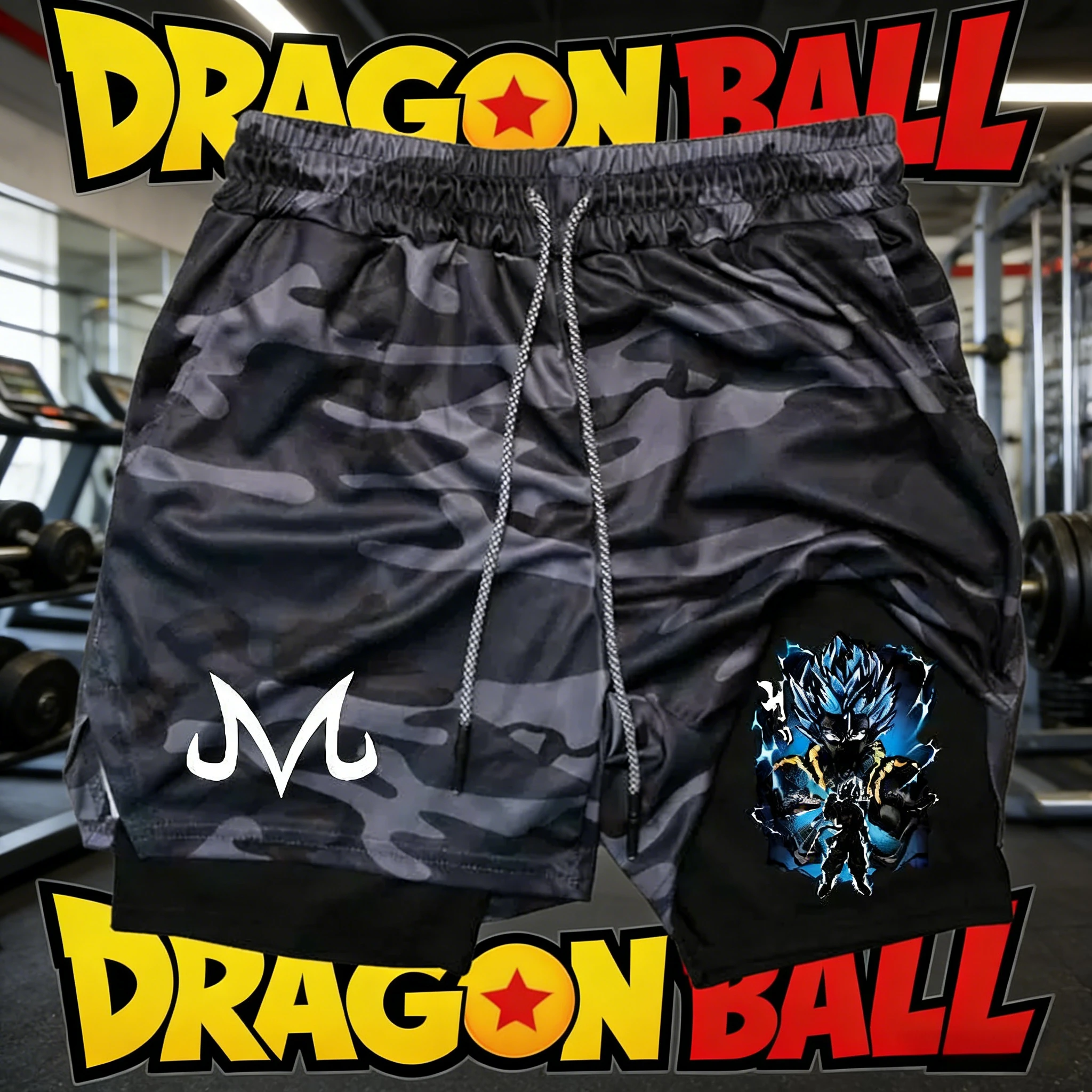 

2026 Summer Dragon Ball Gogeta Retro Camouflage Double Layer Printed Men's Fitness Fashion Oversized Quick Dry Athletic Shorts