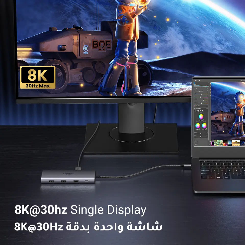 محول HDMI مزدوج من UGREEN مع منفذ USB-C يدعم 8K و4K ومقسم 10 في 1 مع منفذ RJ45 وUSB 3.0 وPD 100 واط لأجهزة ماك بوك برو وأير والكمبيوتر المحمول - 6