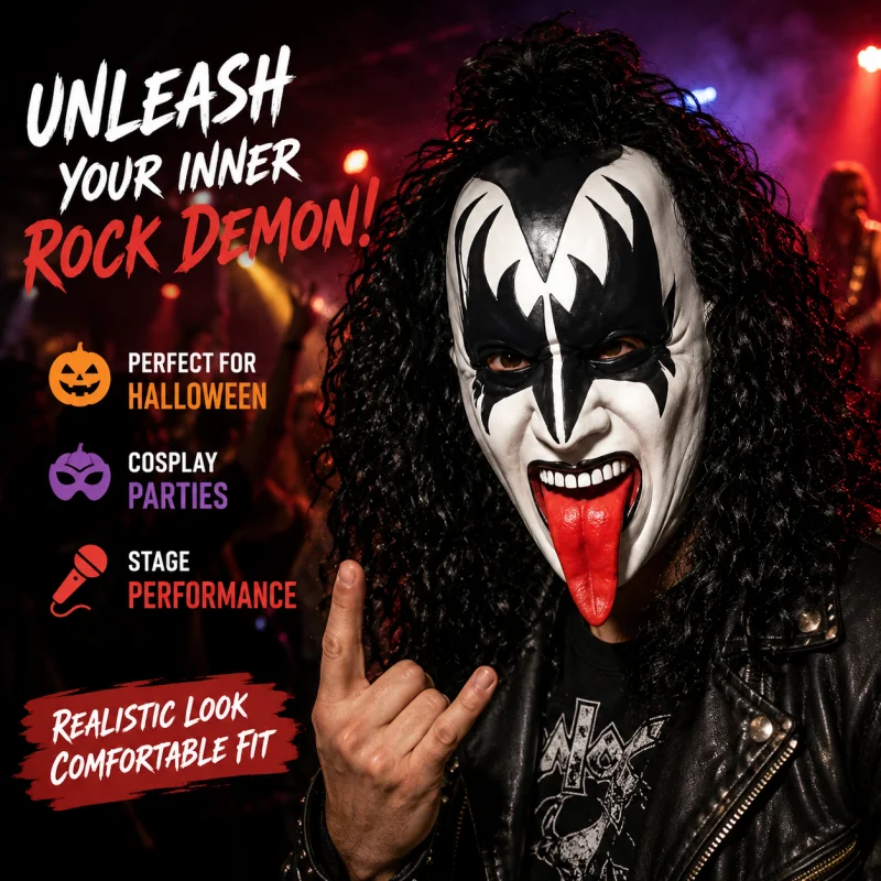 Máscara de demonio de Gene Simmons de la banda KISS, máscara realista de látex con peluca rizada negra para Halloween, carnaval, cosplay, fiesta