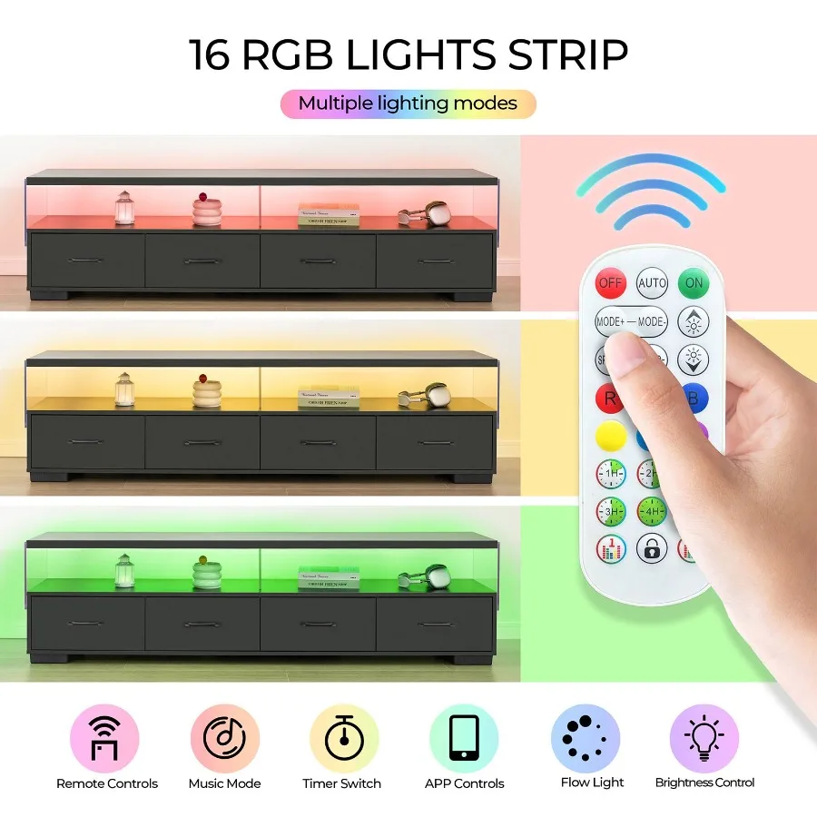 حامل تلفزيون بأربعة أدراج للتلفزيون حتى 80 بوصة، خزانة ذات شاشة مسطحة، باب غرفة المعيشة، تخزين مركز الترفيه، أسود #4