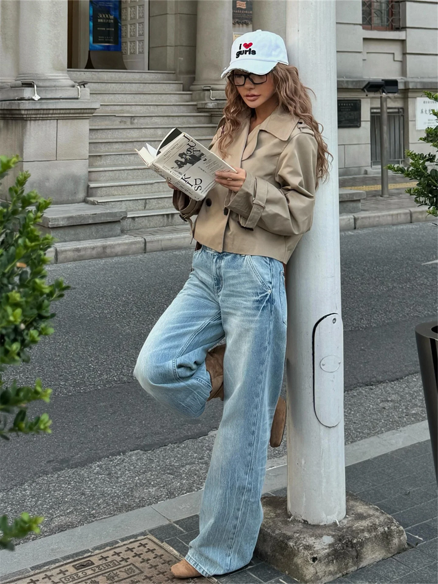 

Loose Wide Leg Blue Jeans Women's Spring Long Drapey Low Waist Pants American Street Vibe Casual Washed Cotton Zipper Fly