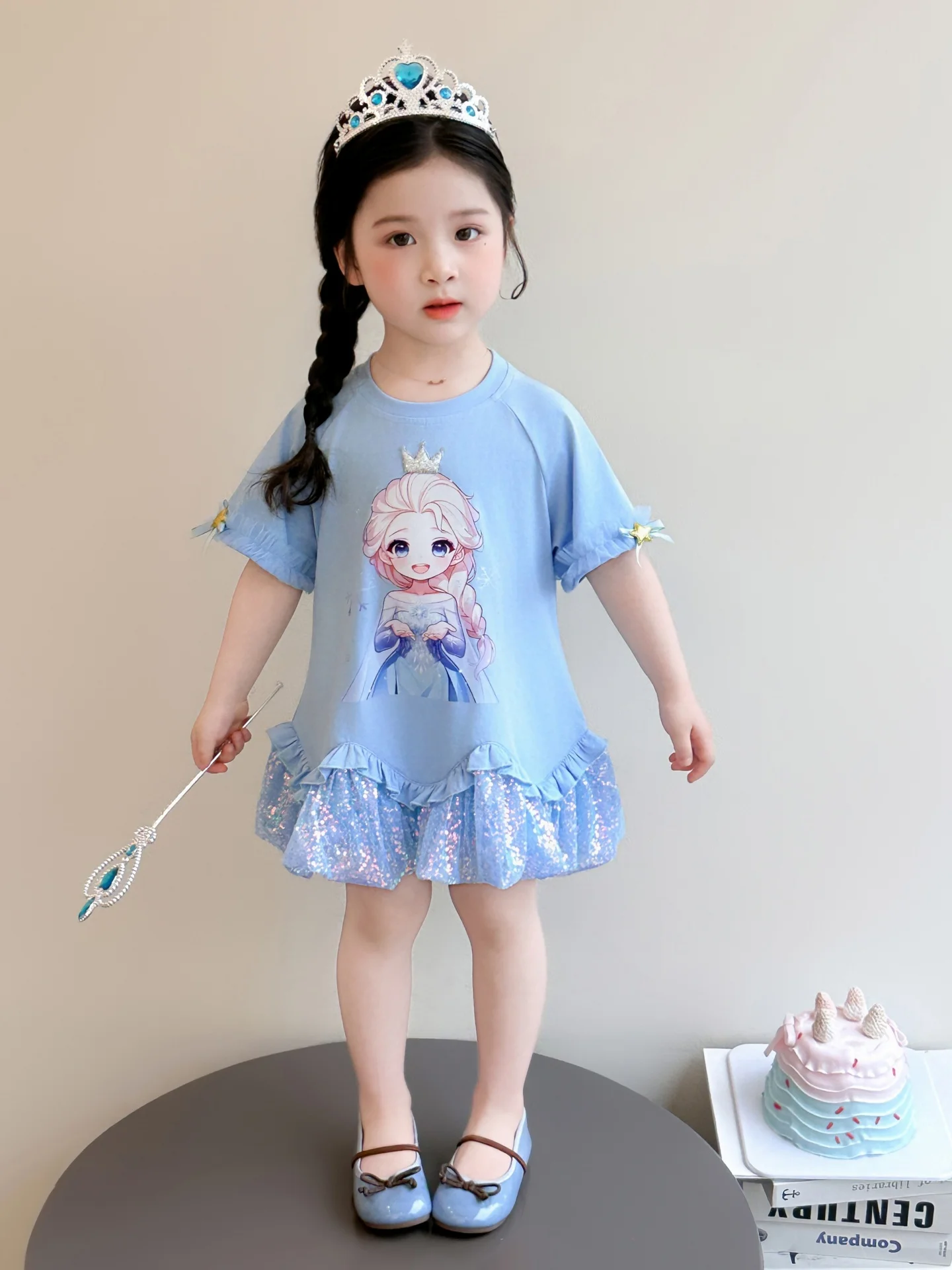 Vestido Princesa para Meninas, Camiseta de Manga Curta, Estampa Nova de Verão, Saia Princesa Elsa, Cintura Alta, Material ...