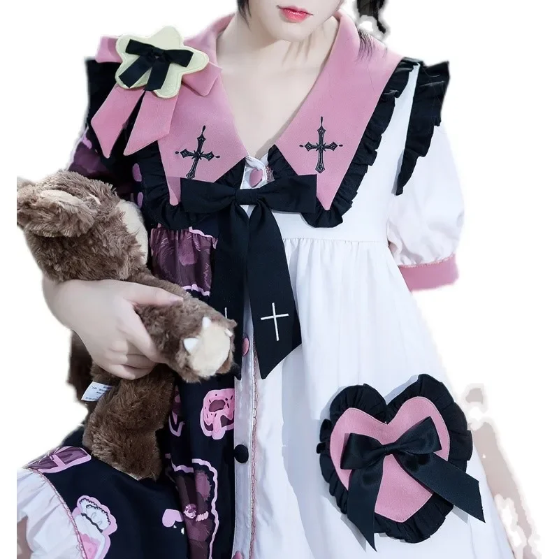 Fashion New Kawaii Cute Lolita bear printing op dresses daily Loli sweet girl dark gothic punk short sleeve dress for women cos