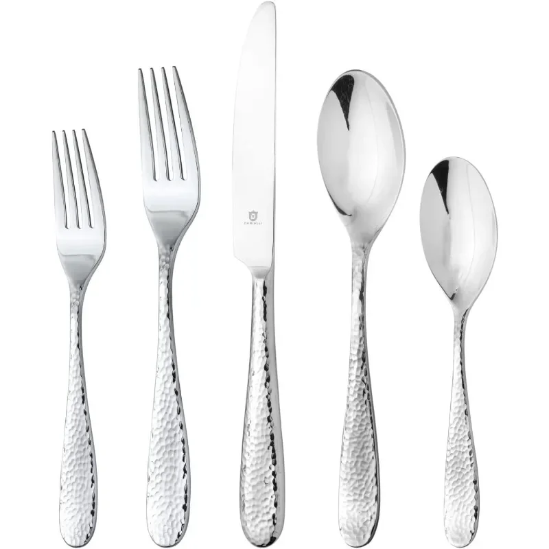 HOME.60-Piece Fidenza Hammered 18/10 Stainless Steel Silverware Cutlery Set, Flatware Service for 12