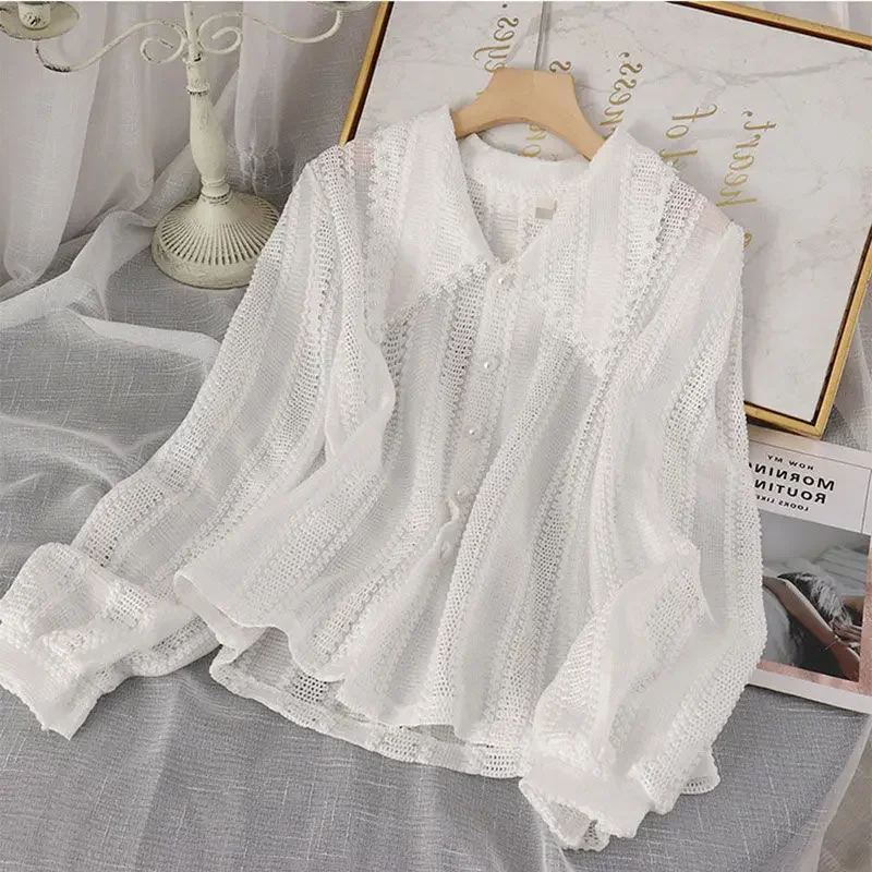 New Summer Sunscreen Thin Blouses Women Crop Solid Loose XS-3XL Casual Peter Pan Collar Elegant Schoolgirl Simple Chic Fashion