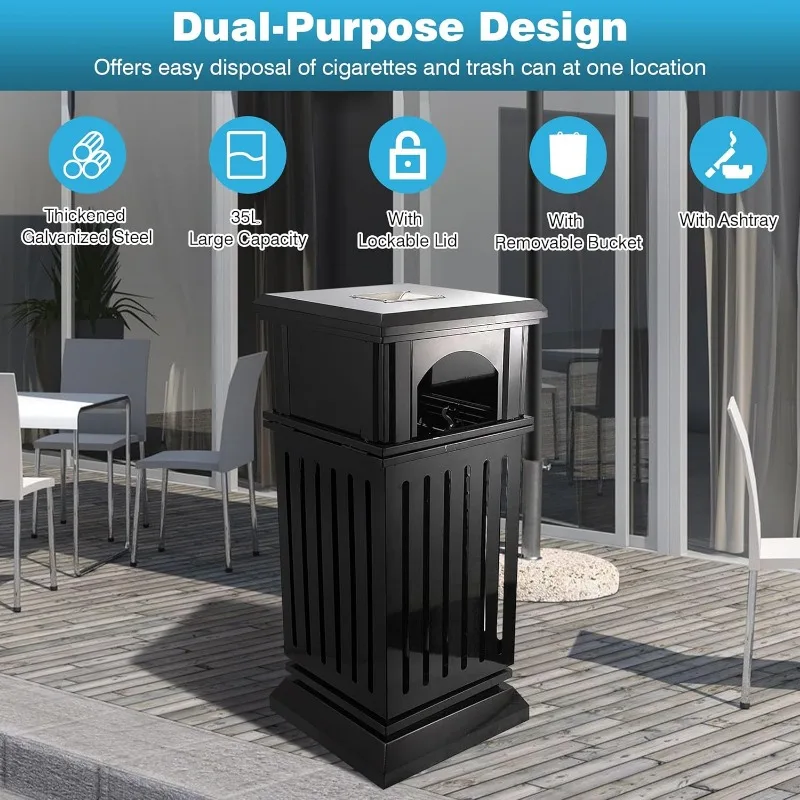 Commercial trash can with lid, black outdoor trash can for patio, side opening steel square commercial trash container