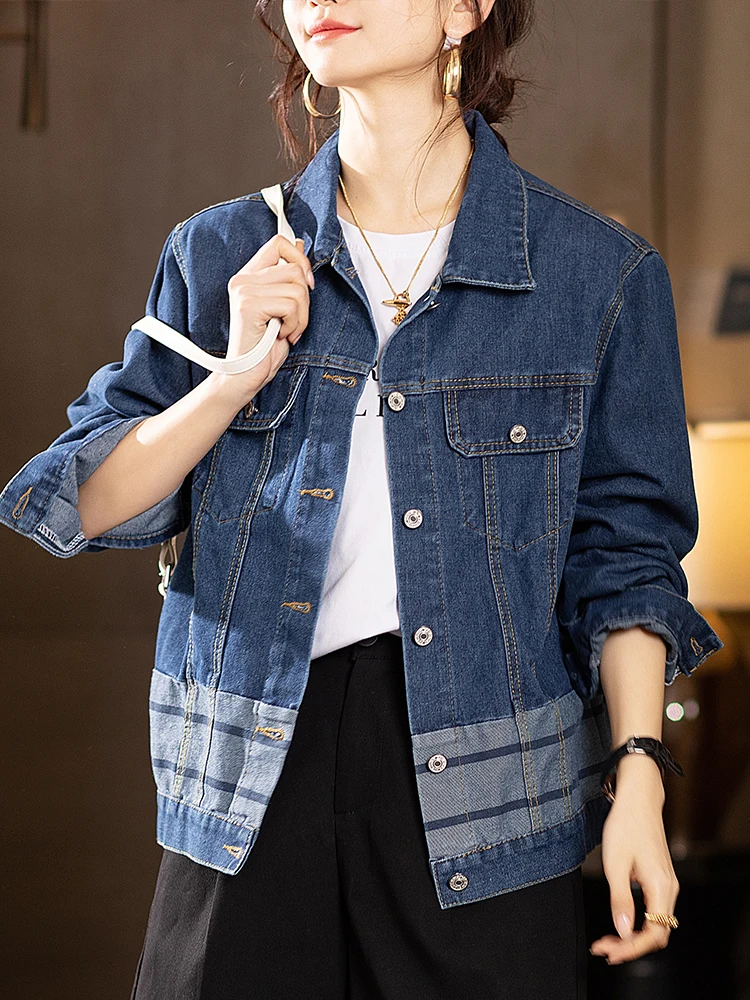 Women's denim jacket Retro solid color long sleeve commuting short jacket