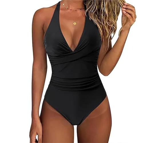 Imagen 1 del producto Trajes de baño de una pieza para mujer, trajes de baño con control de barriga para mujer, cuello en V, entrecruzado, fruncido, Push Up, traje de baño adelgazante