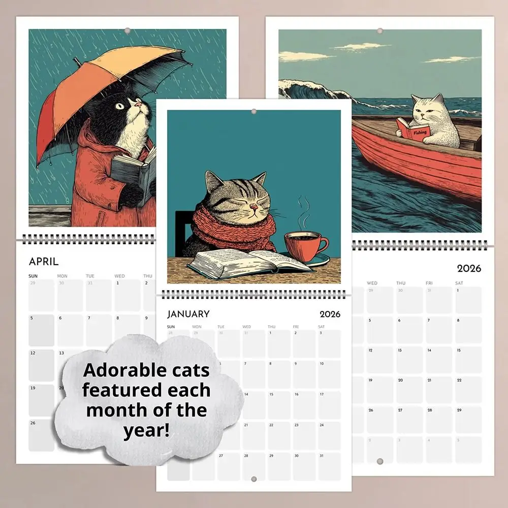 

2026 Wall Calendar 2026 12 Month Layout Monthly Calendars Charming Cat Calendar Hangable Design Funny Cat Art