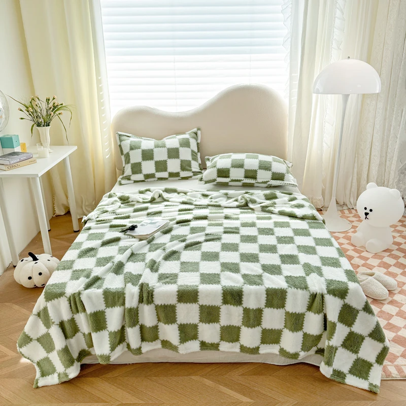 Green Checkerboard Blankets, Flannel Modern Plaid Printed Breathable Thickened Throw Blanket for Sofa Bedroom Plush Nap Blankets