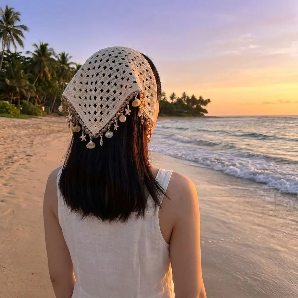Hollow Out Bohemian Head Scarf Crochet Design Tasseled Edge Triangle Bandana Sequin Embellished Shell Sequin Head Scarf Beach