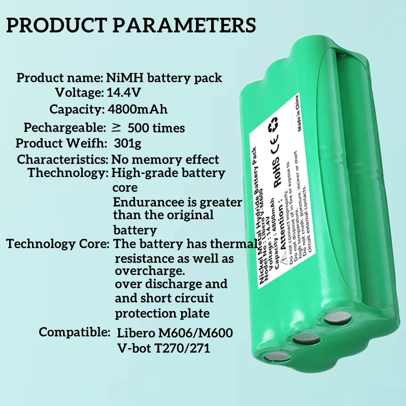 Imagem -02 - Bateria 14.4v Ni-mh 4800mah Aspirador Robô Recarregável para Libero V-m600 M606 Vbott270 271 Papago S30c Vone T285d