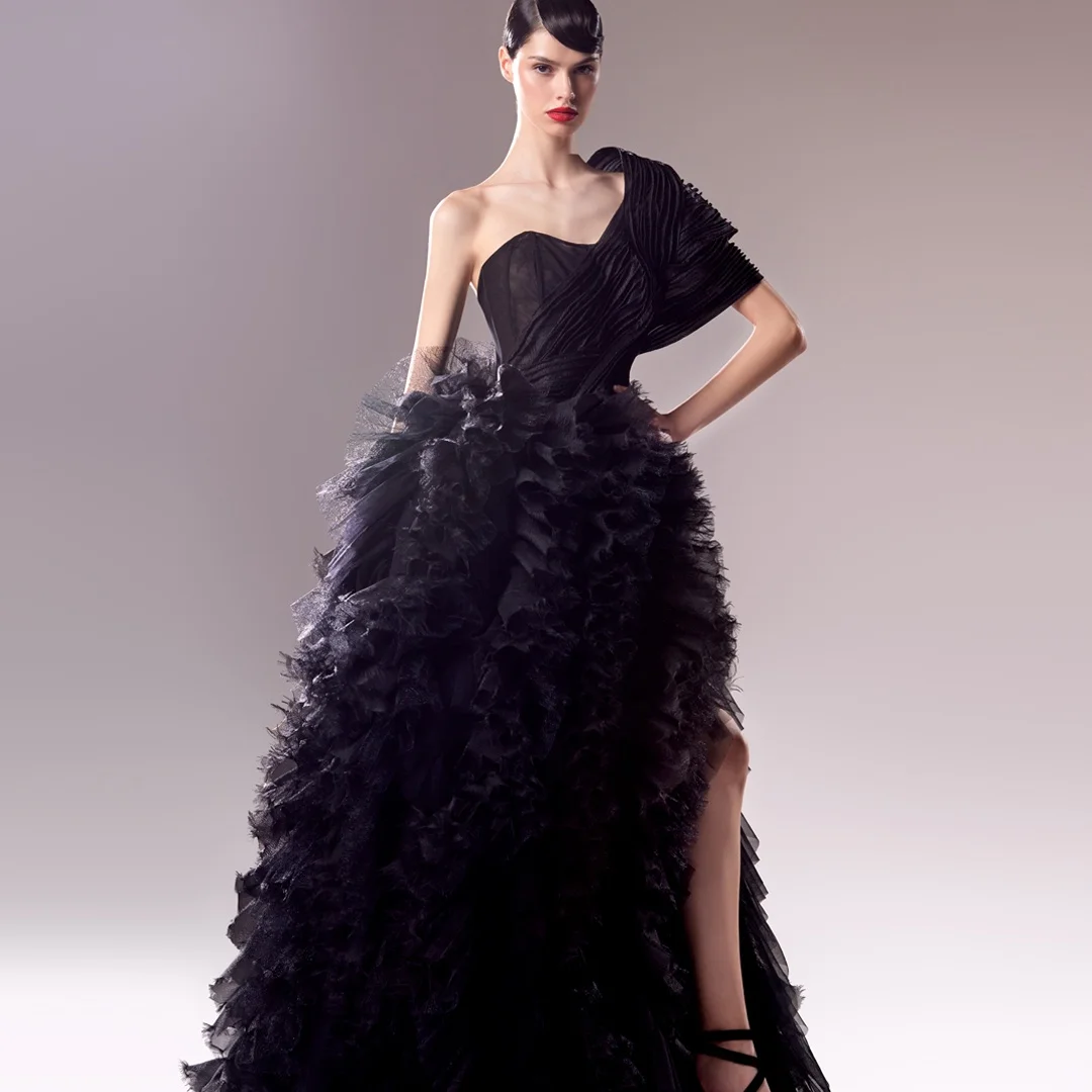 

Customized Exquisite Tulle A-Line One Shoulder Ruched Evening Dresses Short Sleeves Zipper Back Panel Train Cocktail Dress