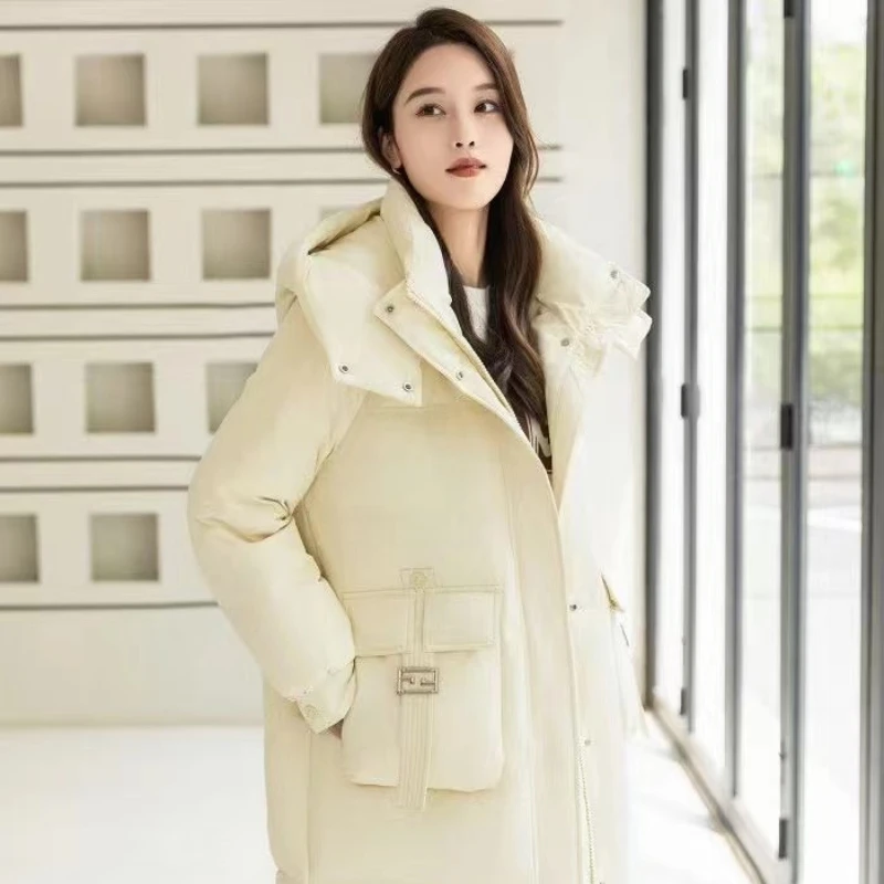 Hooded Duck Down Jacket for Women, Warm Coat, Long Parkas, Fashion Collar, Temperament, Leisure, Winter, New