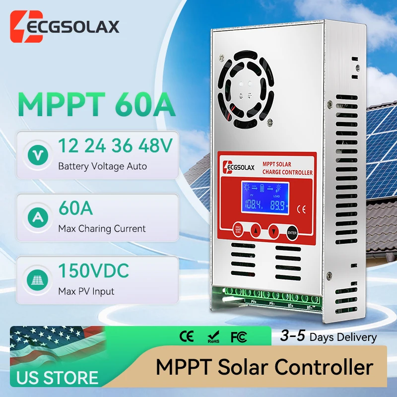 US Stock ECGSOLAX 60A MPPT Solar Charge Controller 12V 24V 36V 48V LifePo4 Battery Charging Controller For Lead Acid Lithium Batteries Solar Panel Controller Max PV 150VDC