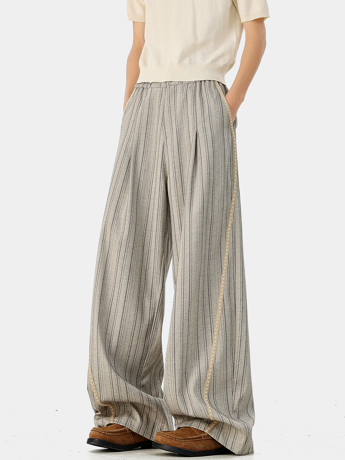 

American Casual Brand Spor Stripe Patchwork Wide Leg Men's Loose Fit Straight Leg Pants Retro Sle Spring Autumn Wear