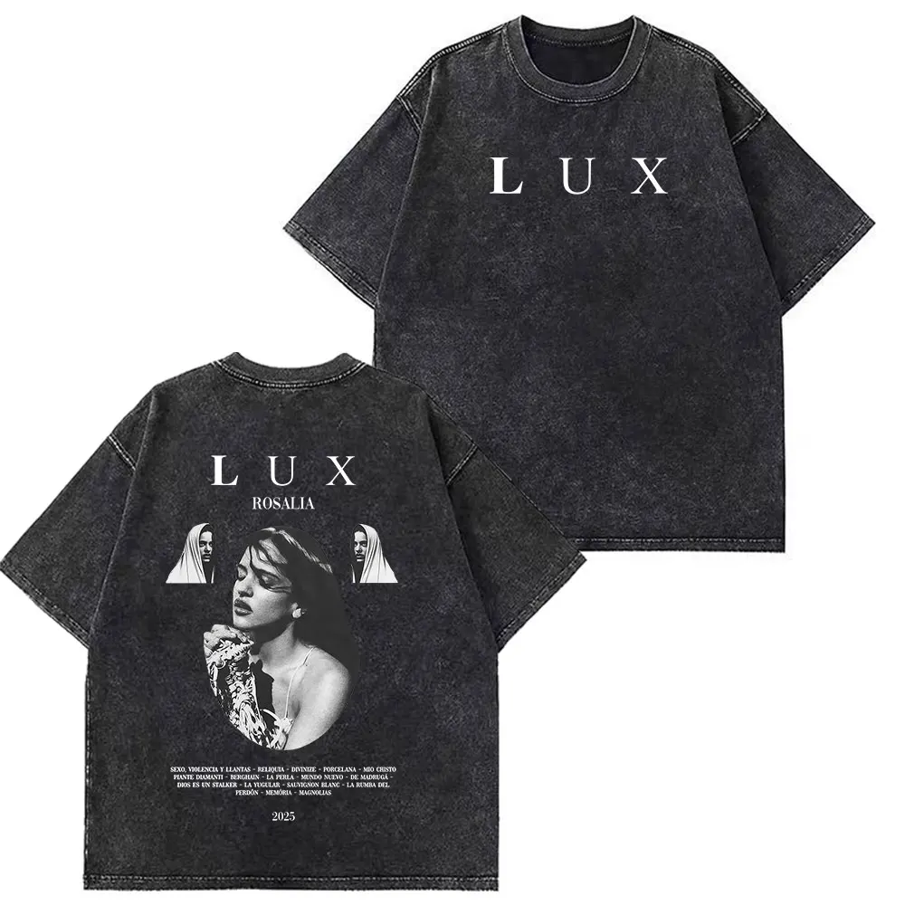 Rosía LUX TRACKLIST تي شيرت ألبوم جولة 2025 التي شيرت الرجال النساء ملابس بأكمام قصيرة تي شيرت عادية فضفاض غسلها تي شيرت الشارع الشهير #3