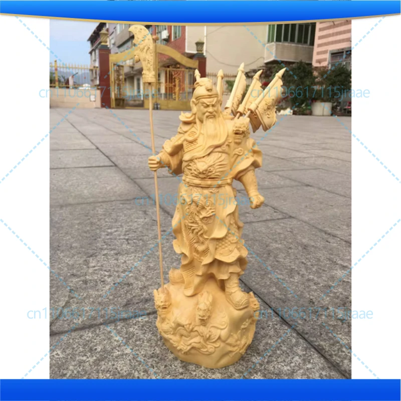 Hand Carved Wooden Guan Gong Statue Figurine w/ Five Flags - God of War Wealth Protector Ornament Home Office Shop Decor Gift