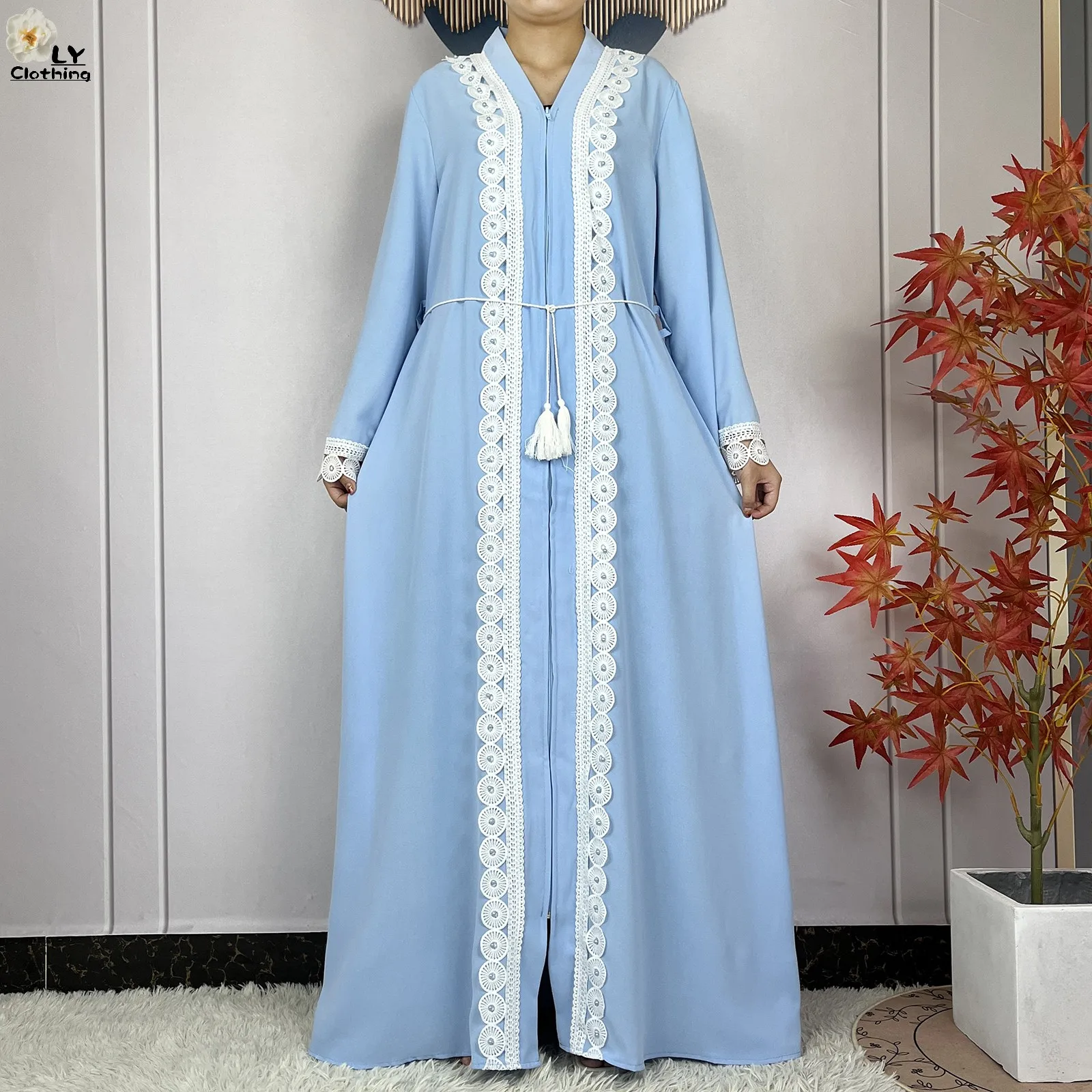 Latest Muslim Women Long Sleeve Elegant Dresses 2024 Dubai Fashion Chiffon Soft lace Zipper Robe African Abaya Casual Clothing