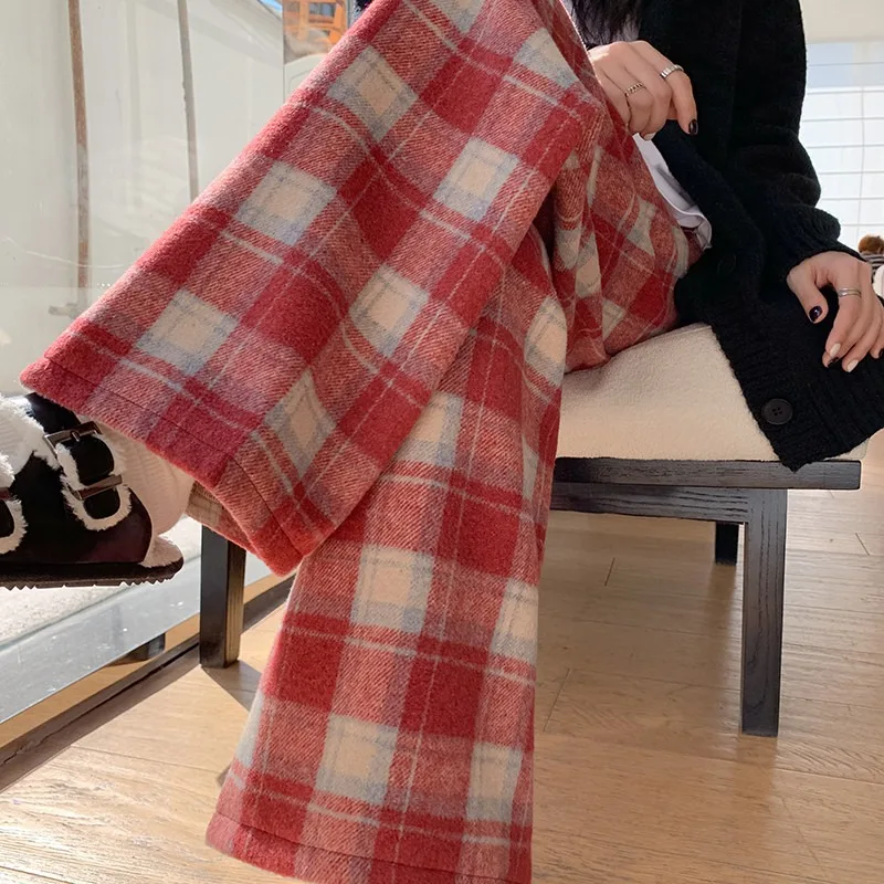Womens Plaid Wool Blend Wide Leg Pants High Waist Draped Fleece Lined Loose Casual Trousers For Petite Winter