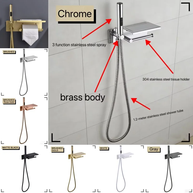 

Brushed Gold Bidet 3 Functions Sprayer Concealed Button Brass Valve with Commodity Shelf Paper Holder Plastic Sprayer 1.2M Hose