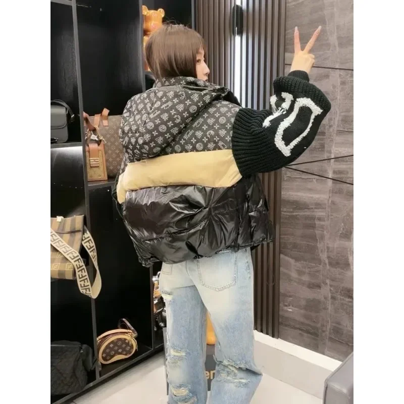 Frauen Neue Stil Gestrickte Ärmel Buchstaben Verdickte Weiße Ente Unten Oberbekleidung Jacken Patchwork Mit Kapuze Unten Jacke für Frauen