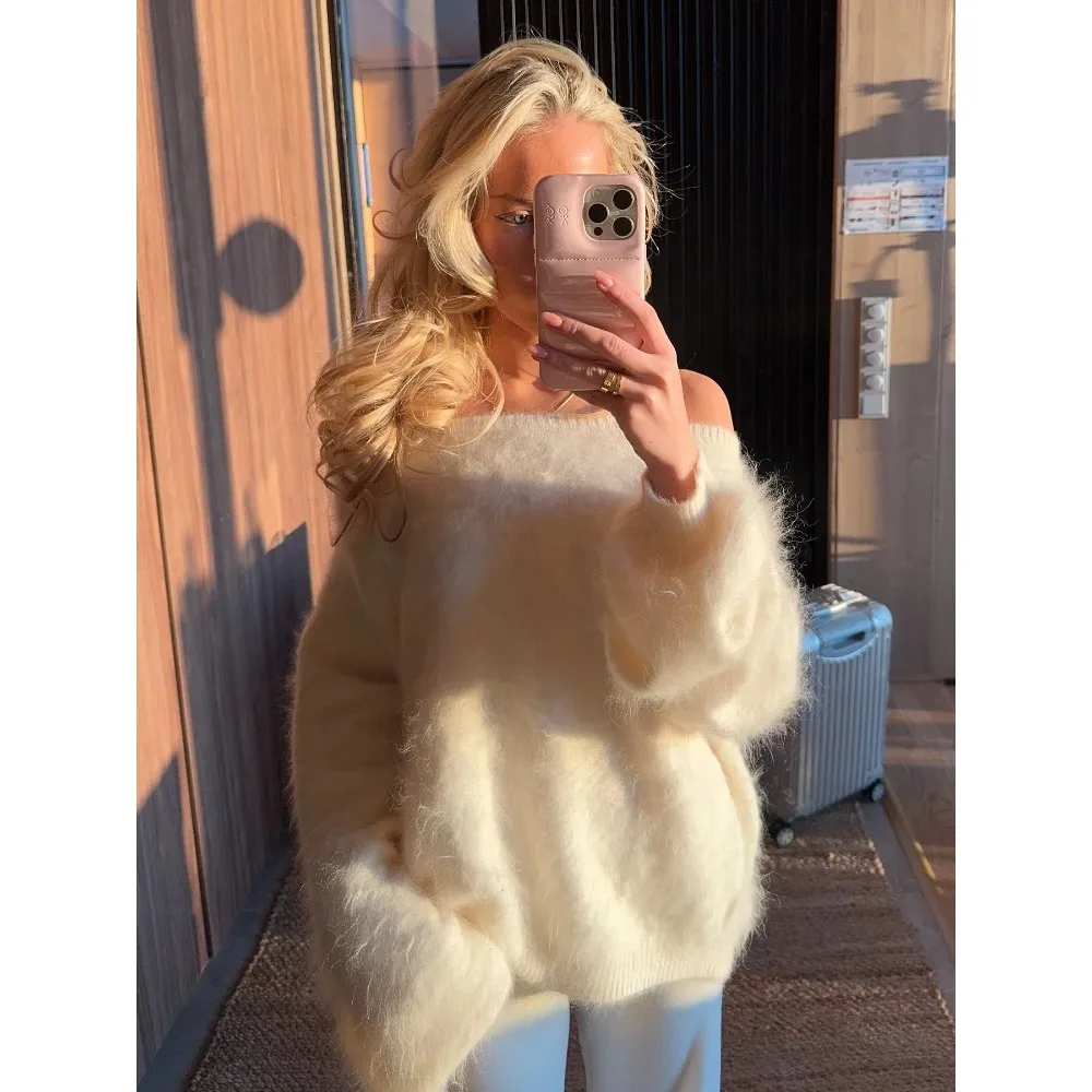 

2025 New Fluffy Mohair Off Shoulder Sweater Women Oversized Cropped Long Sleeve Knit Top Cozy Soft Comfortable Chic Streetwear