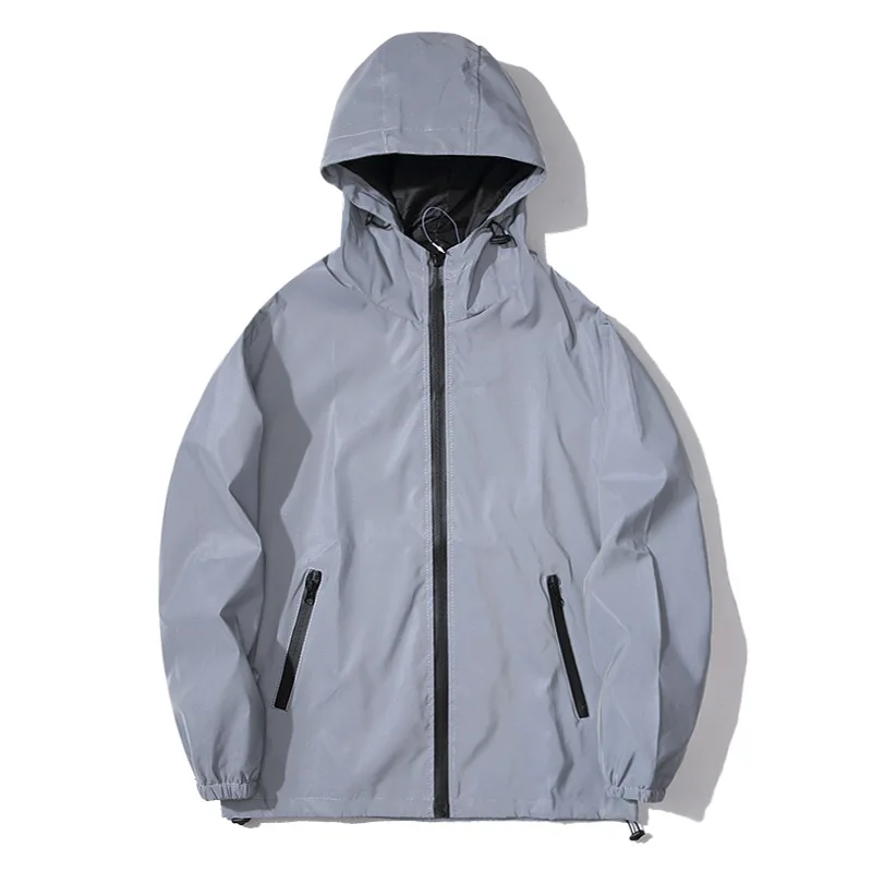 Spring New Solid Color Night Reflective Hooded Jackets Men's Trendy Sports Student Top Men Pocket Zipper Coat Couple Trench Coat