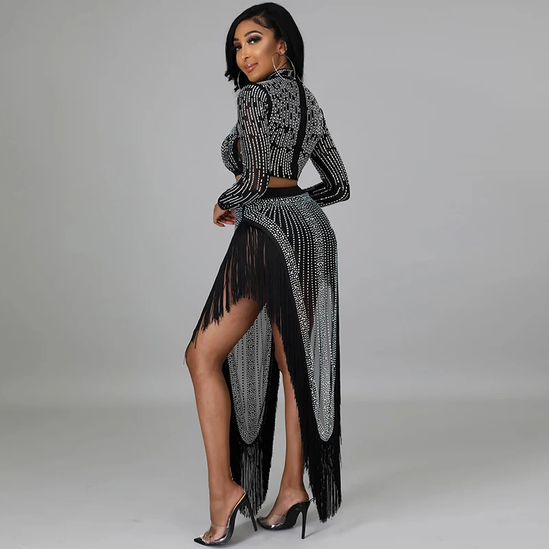 2024 Autumn Women\'s Diamond Perspective Mesh Long Sleeve Top and Irregular Lace Skirt Two Piece Set Nightclub Ball Dress