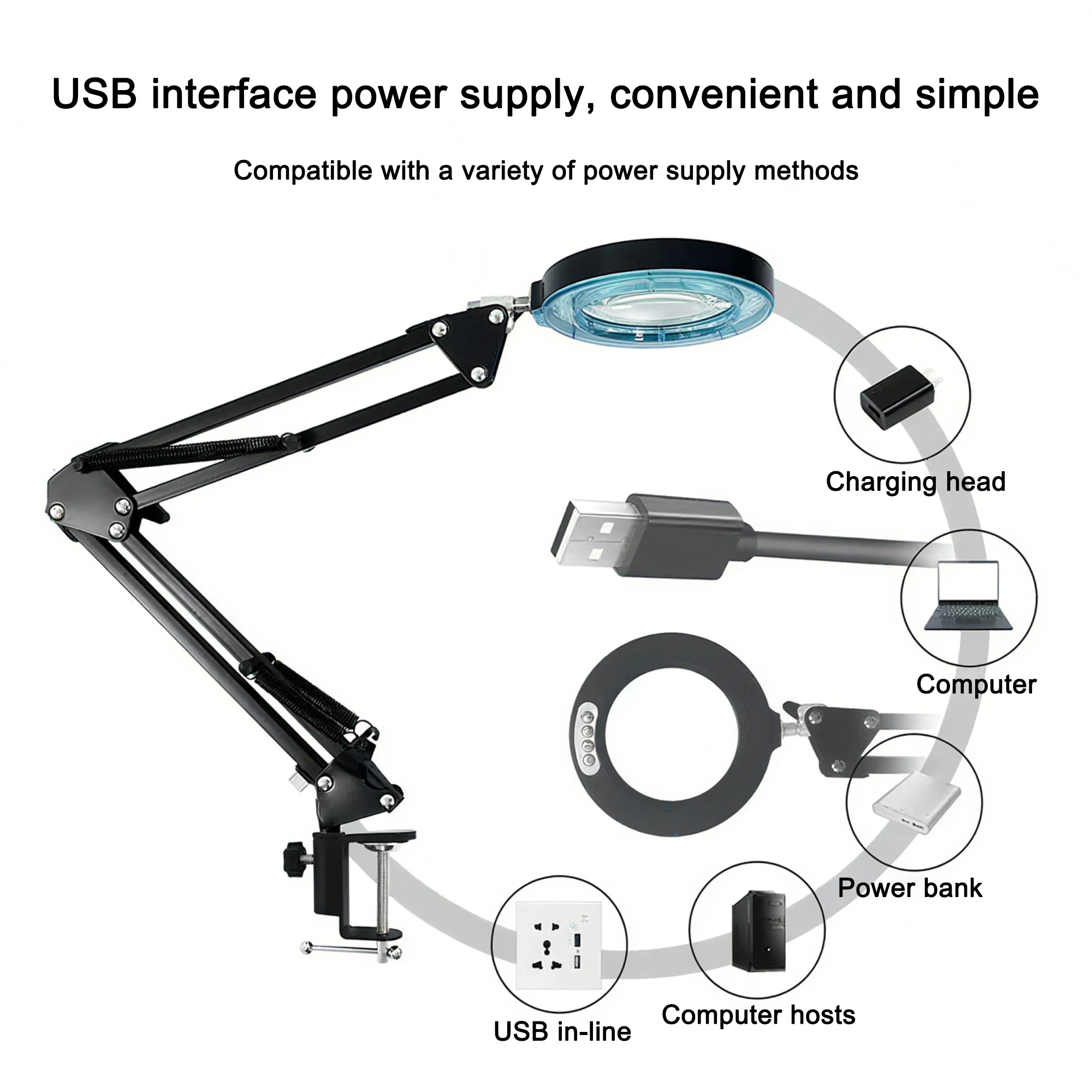 5X Magnifying LED Desk Lamp with 5 Color Temps & 10 Dimming Levels, USB/Type-C Powered, Adjustable Metal Arm & Clamp