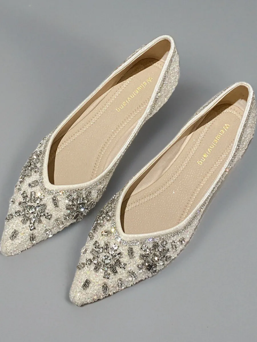 Spring Autumn 2025 Pointed Toe Women's Slip-on Shoes with Water Diamonds Soft Bottom Bean-shaped Shoes Princess Style Flat Heels