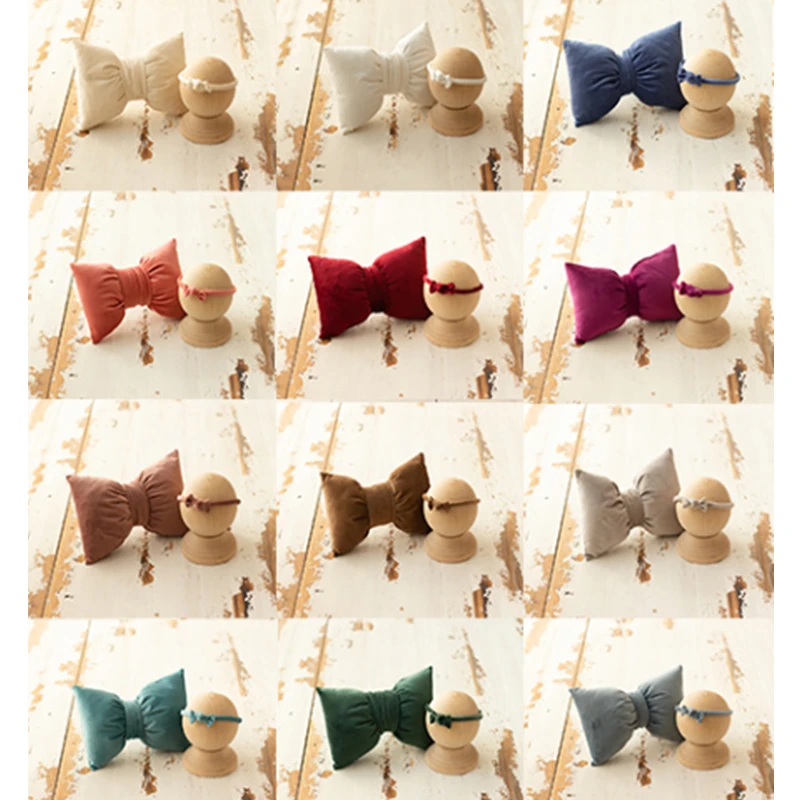 Newborn Baby Photography Props Velvet Bow-knot Headband Posing Pillow 2pcs Set Photo Props Decors Studio Shooting Accessories