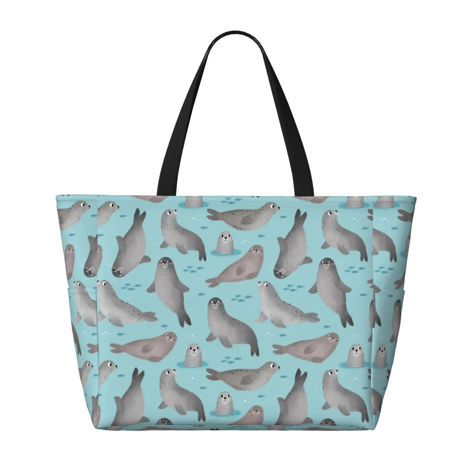 Cute Cartoon Seal Ocean Print Large Beach Tote Bag Multi Pockets Shoulder Handbag With Side Bottle Holders