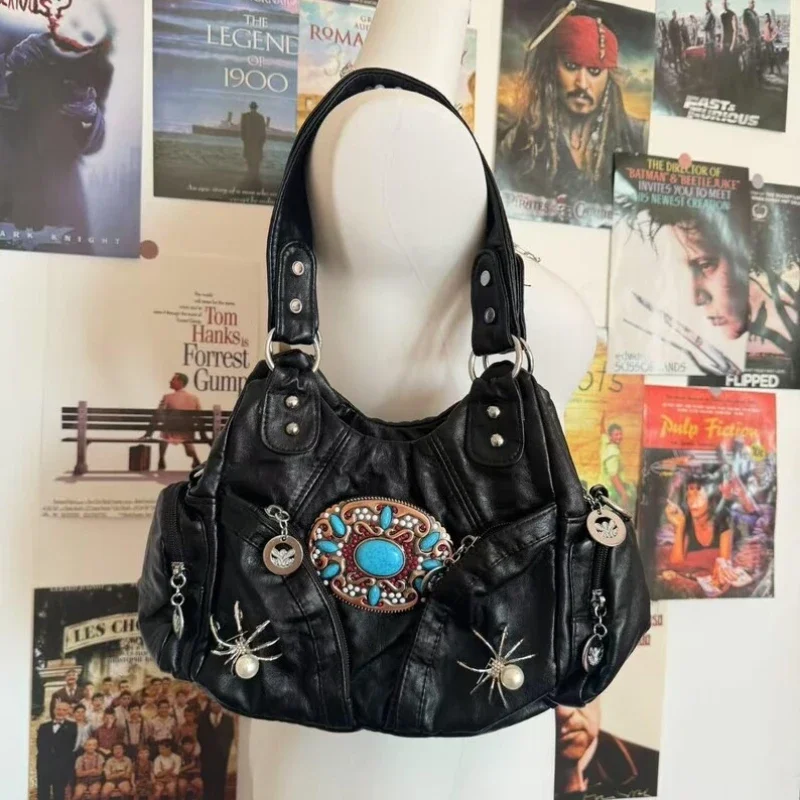 Women Metal Patch Emo Design Girl Soft PU Leather Tote Bag Crossbody Bag Y2K Shoulder Bag