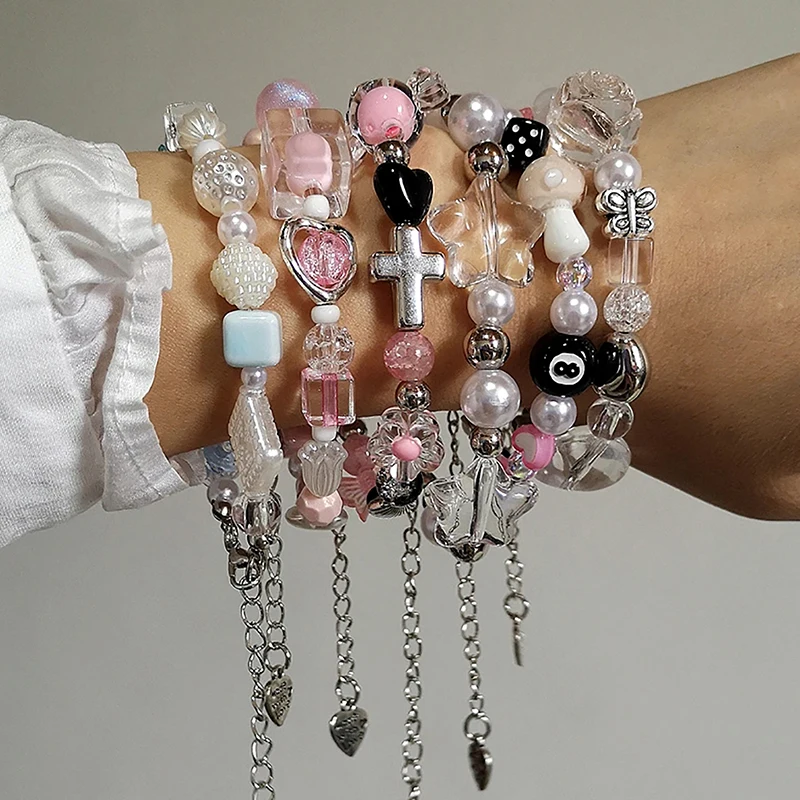 Goth Harajuku Cute Y2k Handmade Aesthetic Heart Star Charm Beads Bracelet For Women Girl Vintage Grunge EMO 2000s Accessories