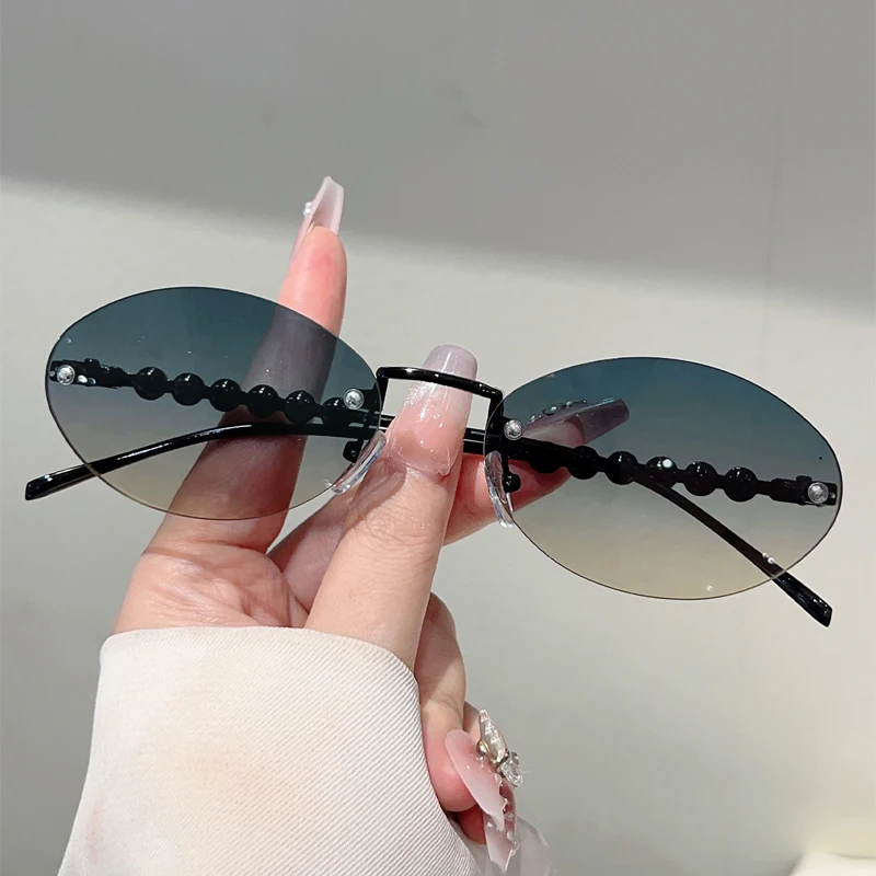 KAMMPT Rimless Oval Sunglasses with Pearls Women Stylish Vintage Decor Shades New Trendy Luxury Brand Design Casual Sun Glasses