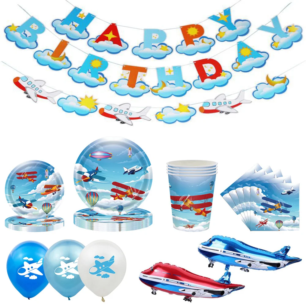 Airplane Birthday Decoration for Kids Airplane Theme Party Dinner Plates Cup Napkins Happy Birthday Banner Disposable Tablecloth