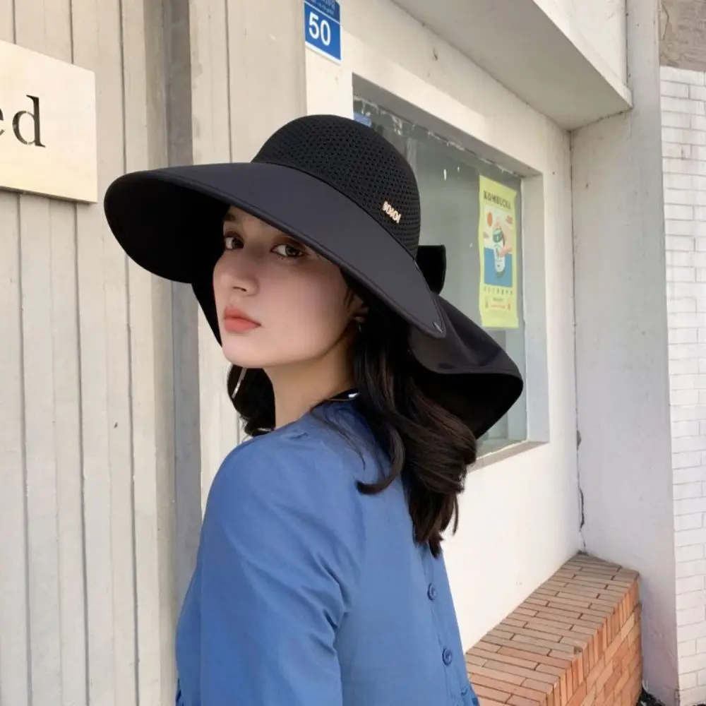 

Empty Top Fisherman Hat Wide Brim UV Protection Summer Sun Hat with Removable Shawl Solid Color Travel Beach Sunscreen Visors