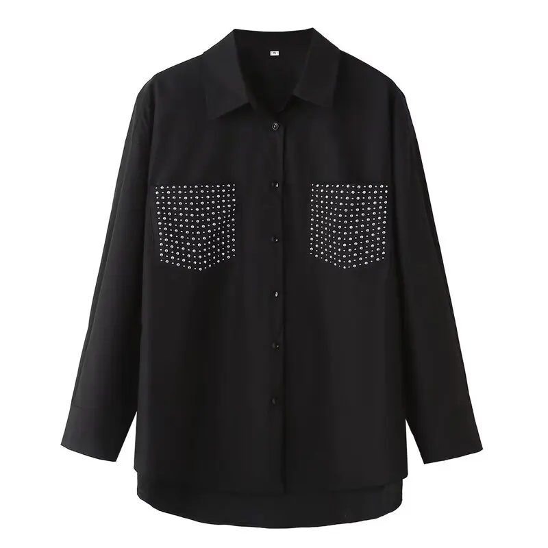 قميص حريري فضفاض للنساء صيف 2025 بتصميم عتيق مزين بالمسامير متعدد الاستخدامات بأكمام طويلة وأزرار بلون واحد #3