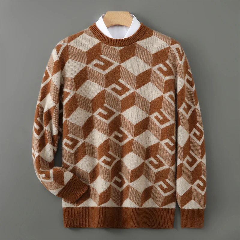 

Осень/зима кашемировая рубашка с круглым вырезом контрастная стерео геометрическая утепленная голова мужской повседневный свитер свободная трикотажная нижняя рубашка