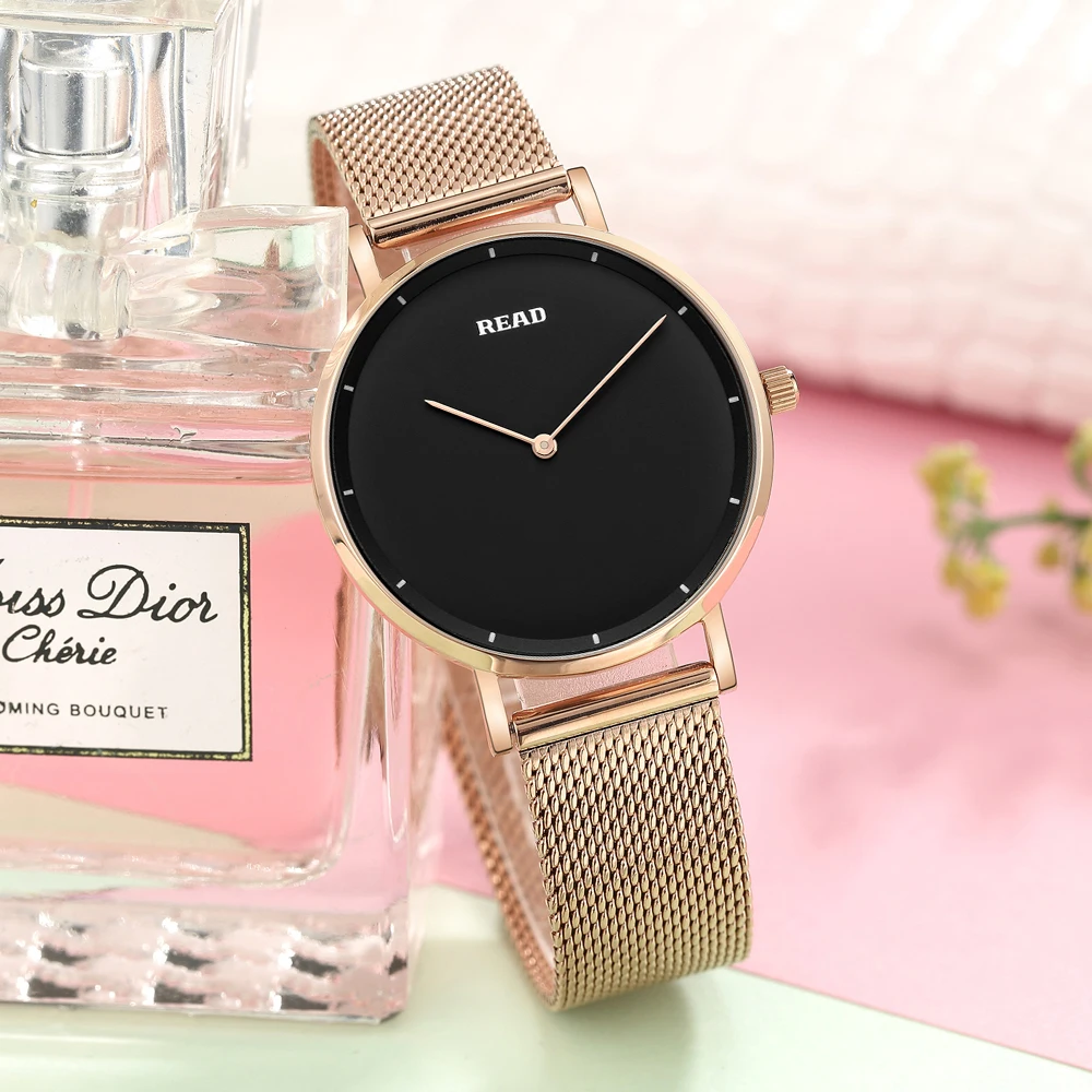 READ Women Quartz Watch | Rose Gold Mesh Strap | Solid Black Dial | High Hardness Glass | 3ATM Waterproof