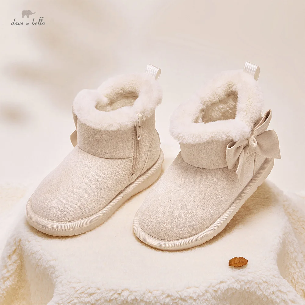 Dave Bella Girls Snow Boots Winter Children's Soft Short Plush Shoes Cute Bow Pattern Kids' Anti Slip Fashion Footwear DB4254511