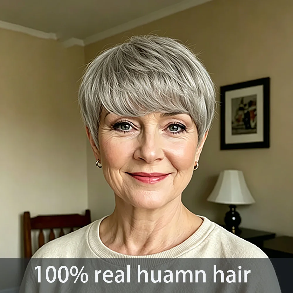

Silver Gray Human Hair Pixie Cut Wig for women Brazilian Human Hair 4inch Straight human hair Wig with bangs Full Machine Made