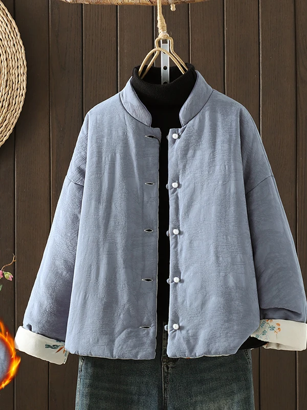 

New Chinese Sle Floral Embroidery Cotton Jaet Women's Winter Thiened Warm Coat Stand Collar Long Sve Button down