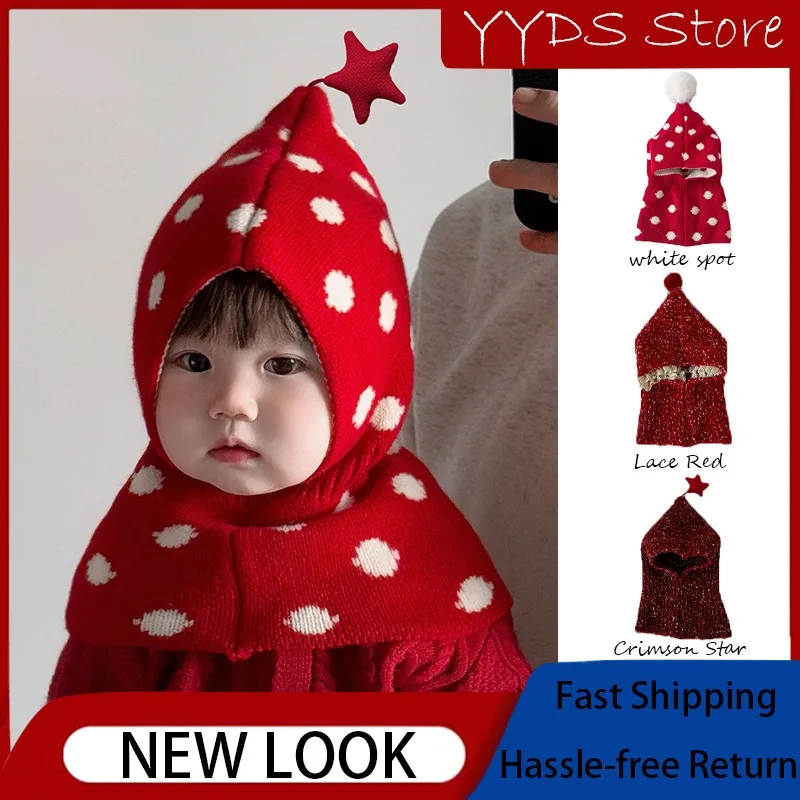 

Baby New Year Red Hat Scarf Set - Winter Red Color Knit Earflap Beanie, Warm Integrated Headwear for Boys & Girls