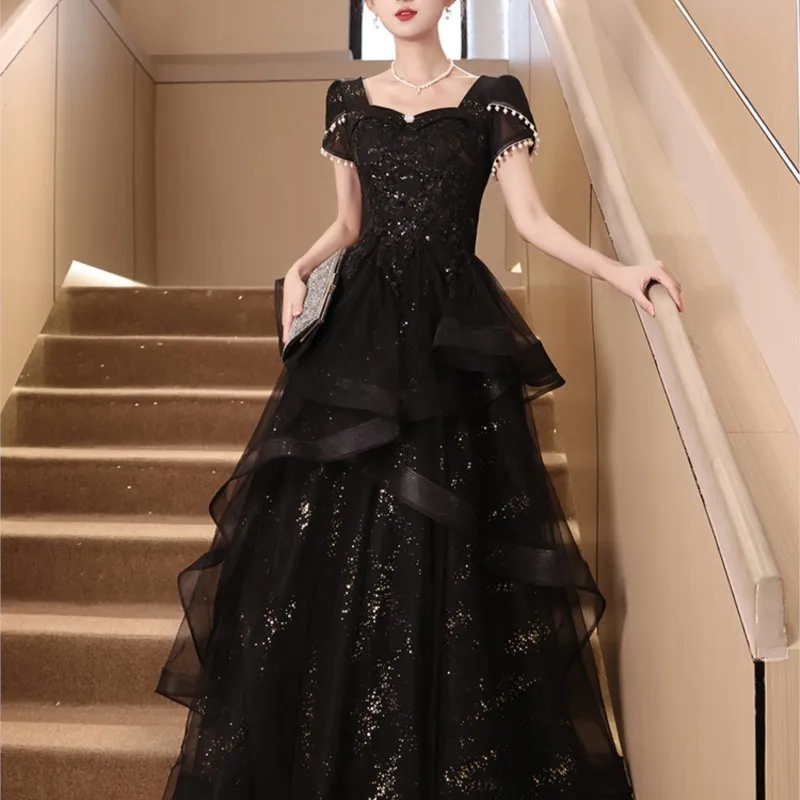 Black new banquet light luxury niche host graduation ceremony performance dress