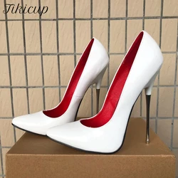 Tikicup Błyszcząca Biała 16cm Niezwykle Wysokie Metalowe Obcasy Kobiety Seksowne Pointy Toe Slip On Stiletto Pumps Duży Rozmiar Stabilne Buty 35-46