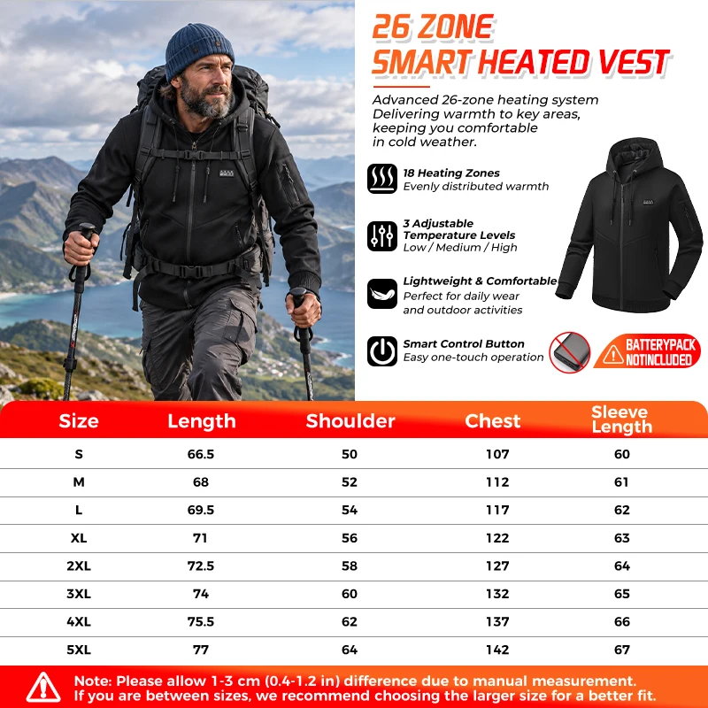 26-Zonen-Heizjacke, USB-elektrisch beheizter Hoodie, 3 Temperaturstufen, Winter-Wärmejacke, Outdoor-Ski- und Wanderbekleidung, Unisex – Detail 10