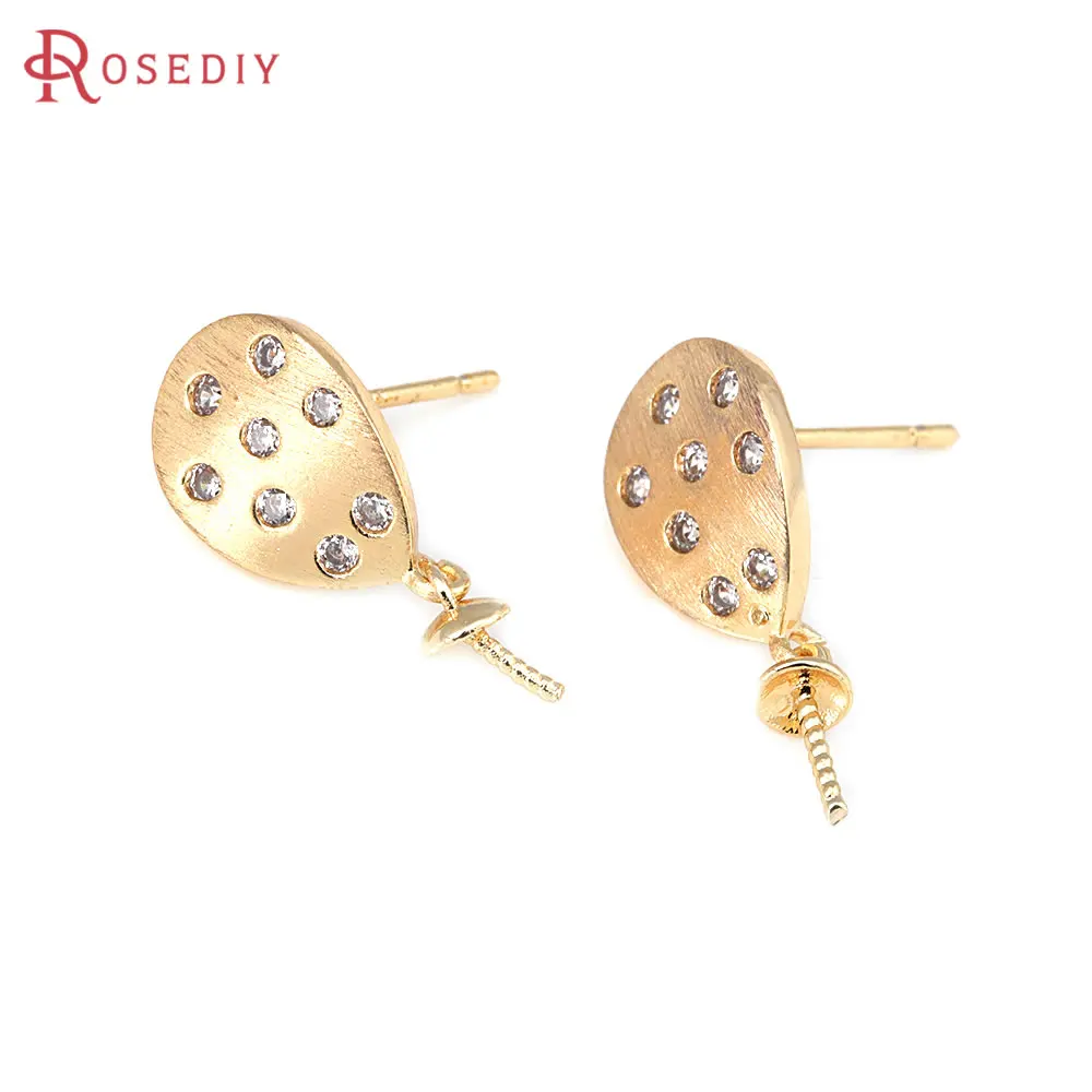 4PCS 18K Gold Color Brass and Zircon Can Fit Half Hole Beads Drop Stud Earrings Pins Earrings High Quality Diy Jewelry Making - view 2