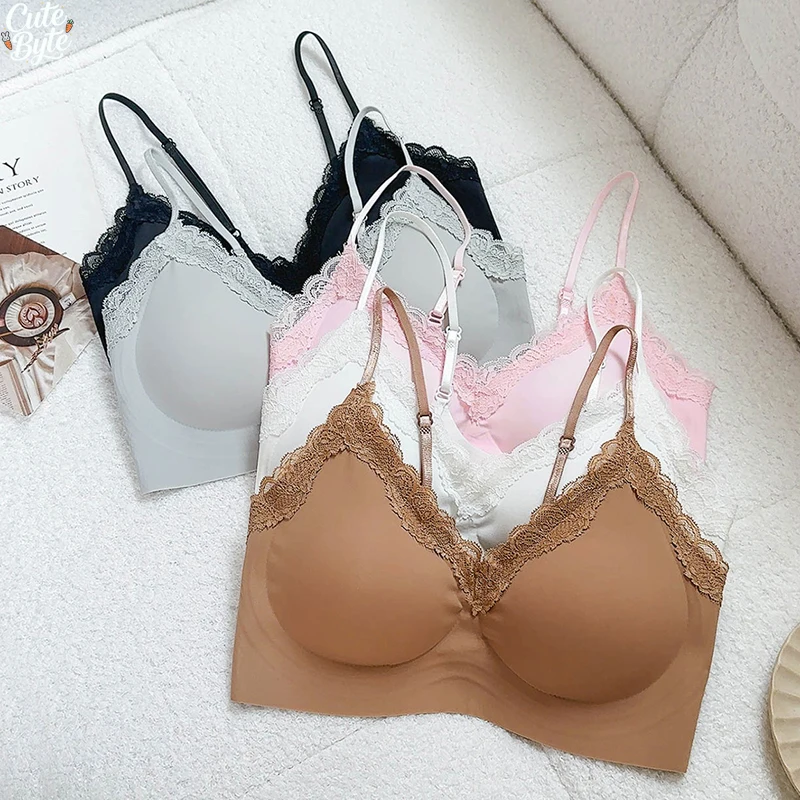 Soutien-gorge en dentelle française à col en V, sans couture, pour femme, à fines bretelles réglables, sans armatures, bonnets fins, lingerie de base pour superposition, couleur unie, S-XL